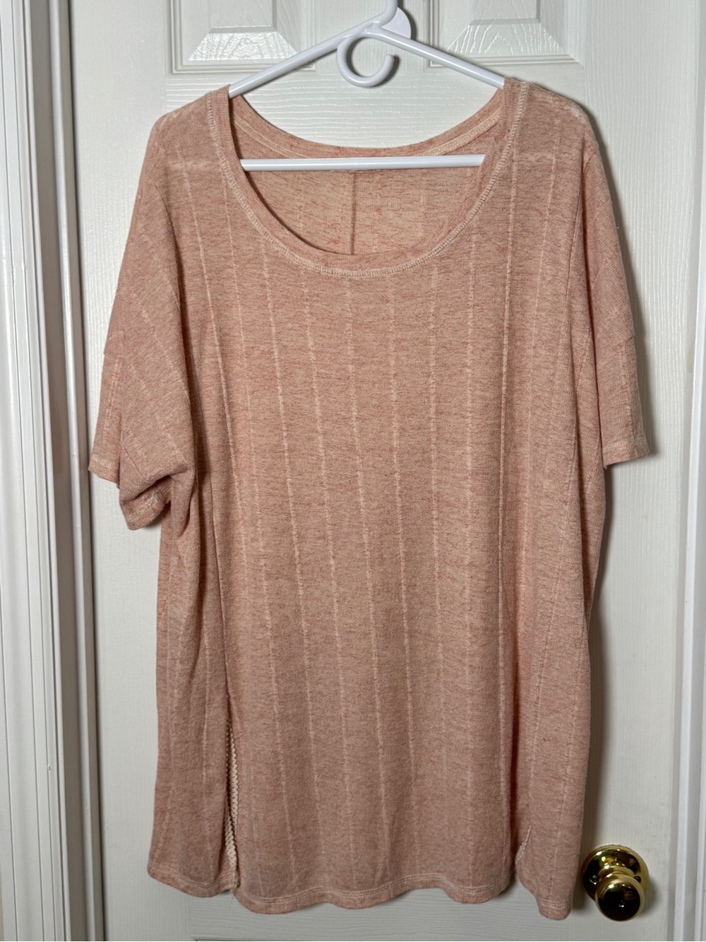 EASEL Pink Textured Vertical Stripe Short Sleeve Knit Top Oversized Lagenlook